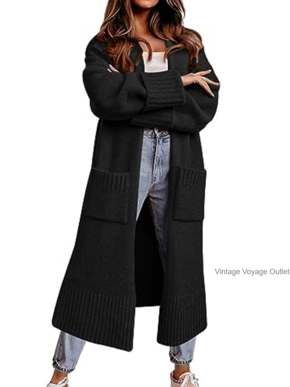 Open Front Knit Cardigan Sweater Long Duster Coat with Pockets